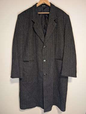 Men's Towncraft Wool Charcoal Herringbone Overcoat - Classic Tailored Coat 48L